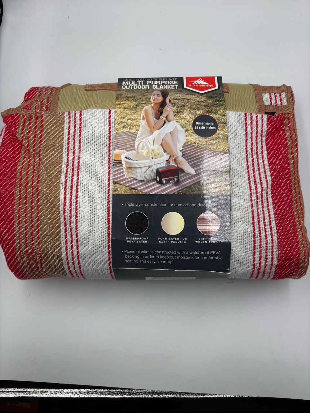 High Sierra Large Folding Triple Layer Outdoor Picnic Blanket 79x59 Red Stripe